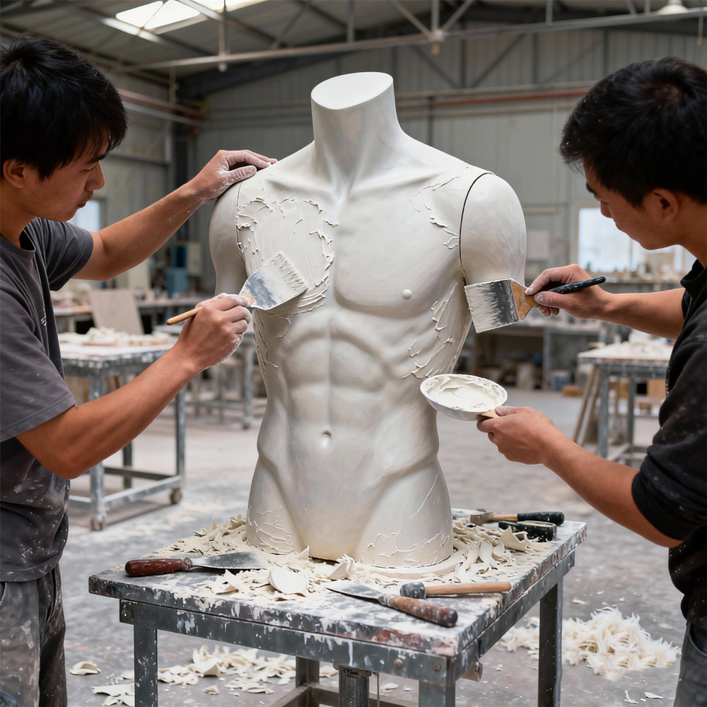 Workers sanding and refining a fiberglass male mannequin torso in a production workshop.