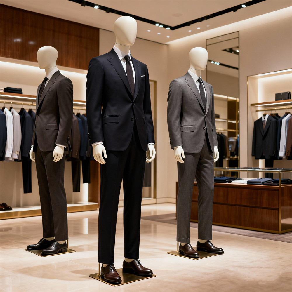 Male mannequins wearing premium suits in a luxury menswear store display.