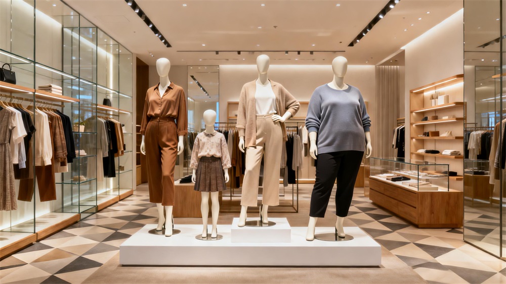 Retail mannequins in different sizes representing realistic body proportions in fashion stores